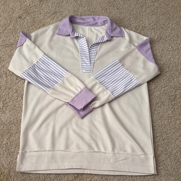 Tops - Purple and Cream Long Sleeve Polo Shirt
